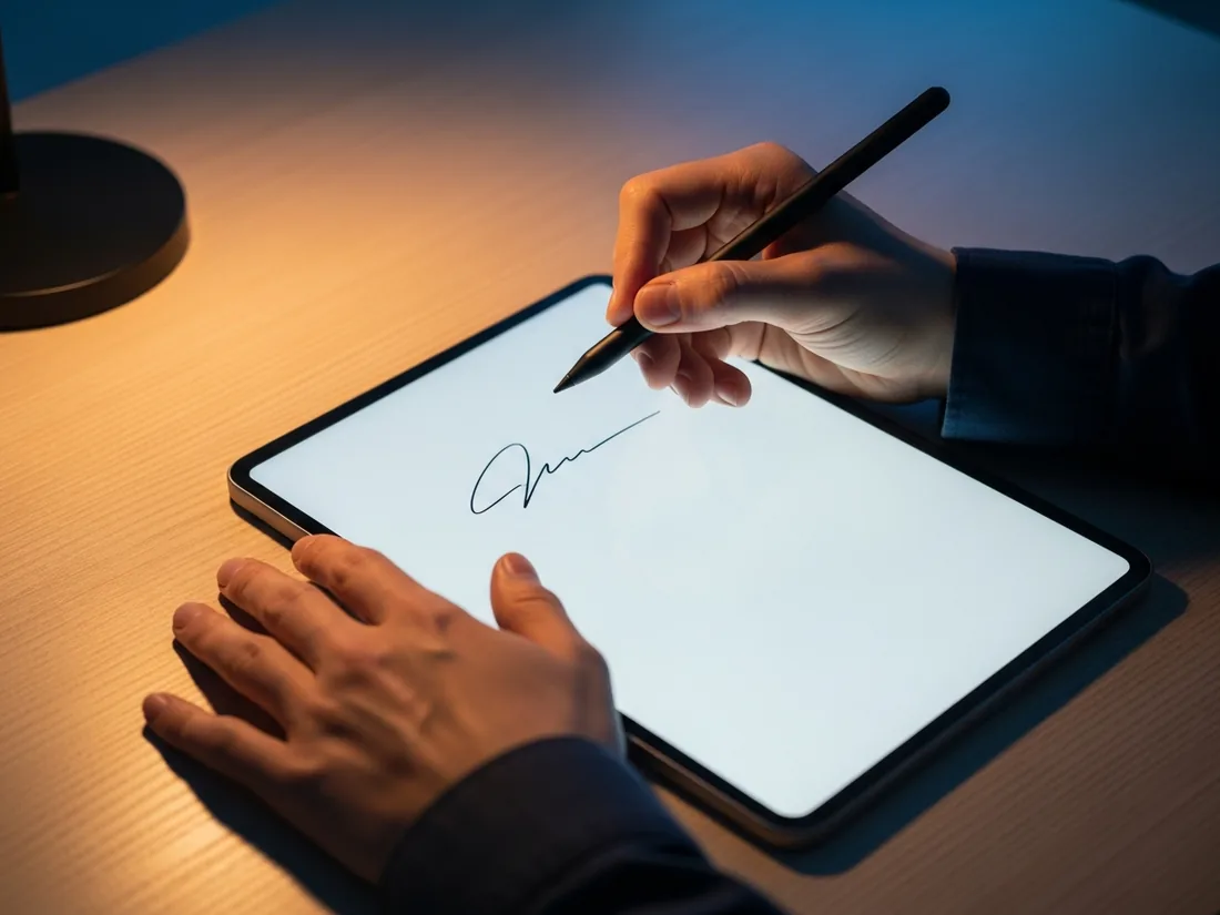 A creator’s hands signing content on a tablet at a desk before publishing.