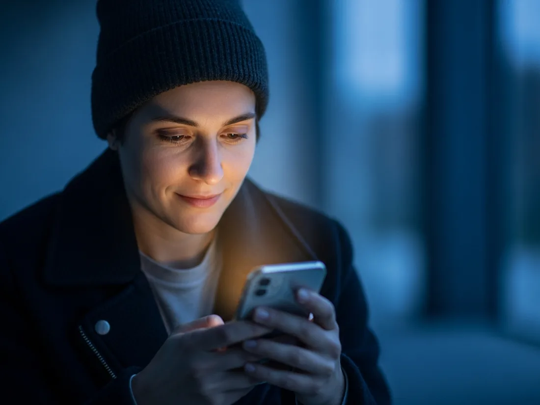 A person checking content on their phone, a quiet glow of confirmation on the screen.