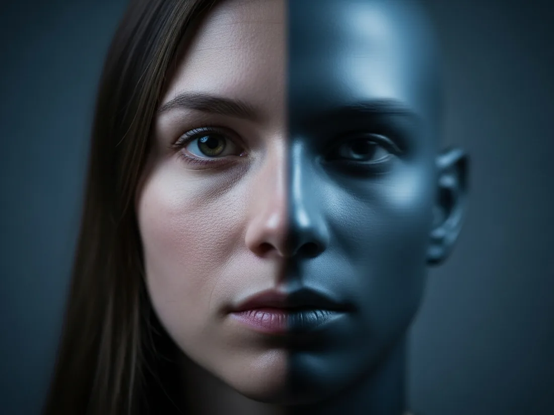 A single thoughtful face dissolving between a sharp half and a blurred half, in deep ink tones with subtle cyan light.